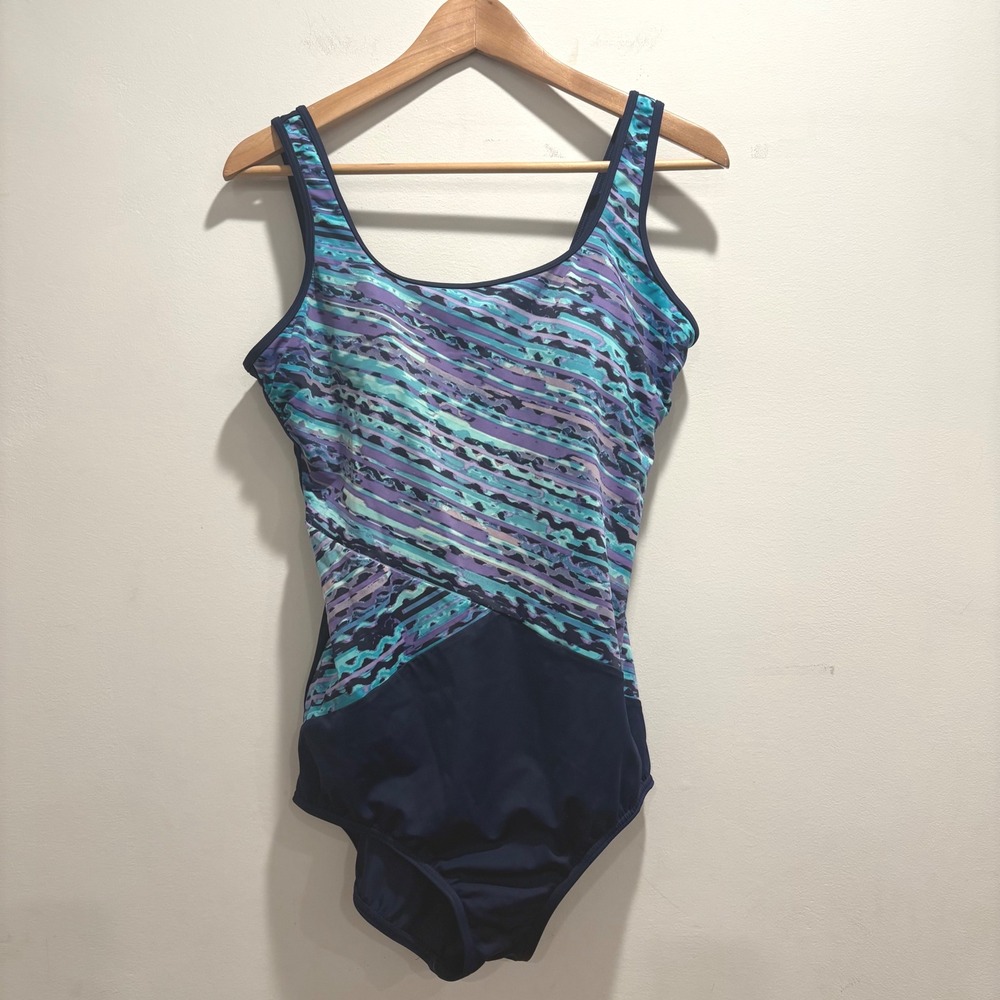 Lands End Women Swimsuit‎ 14D Blue Abstract Print One Piece Bathing Suit Modest
